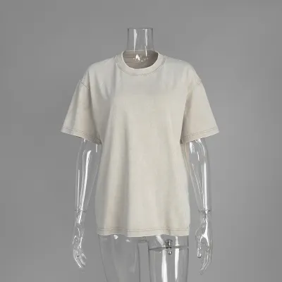 Women Fashion Casual Washed Old Round Neck Short-Sleeve Loose T-Shirt