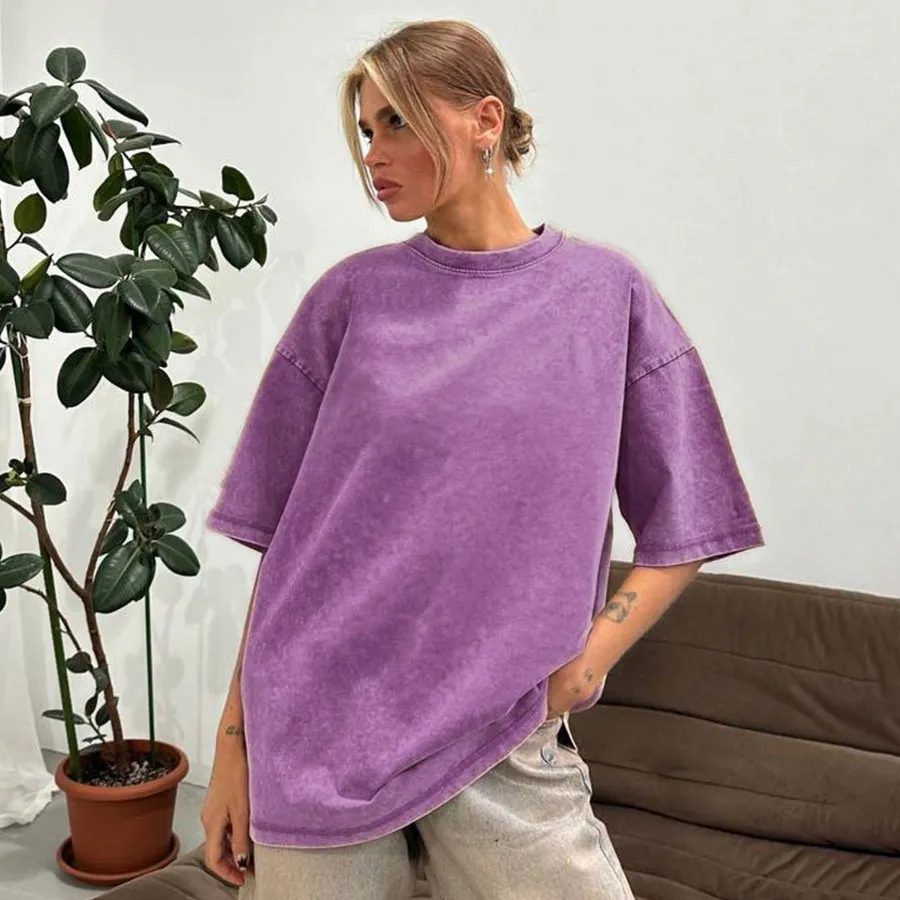Women Fashion Casual Washed Old Round Neck Short-Sleeve Loose T-Shirt