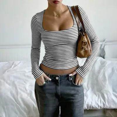 Women Fashion Retro Stripe Square Collar Long Sleeve T-Shirt