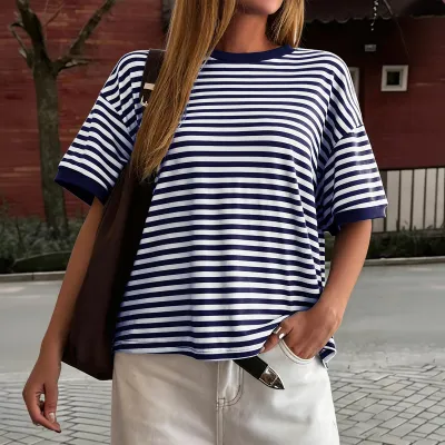 Women Fashion Casual Simple Stripe Short-Sleeve T-Shirt