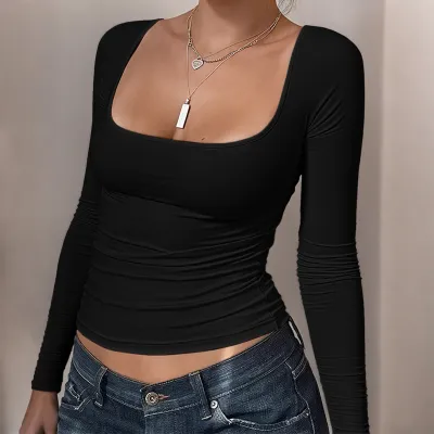 Women Fashion Sexy Solid Color Long-Sleeve Tight T-Shirt