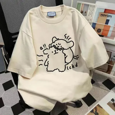 Women Fashion Casual Cotton Bear Cartoon Printed Round Neck Short-Sleeve T-Shirt