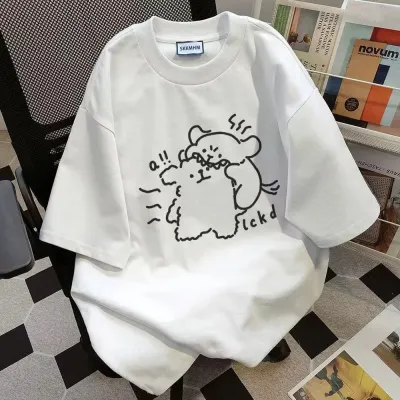 Women Fashion Casual Cotton Bear Cartoon Printed Round Neck Short-Sleeve T-Shirt