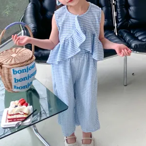 Kids Girls Fashion Casual Plaid Sleeveless Top Loose Pants Two-Piece Set