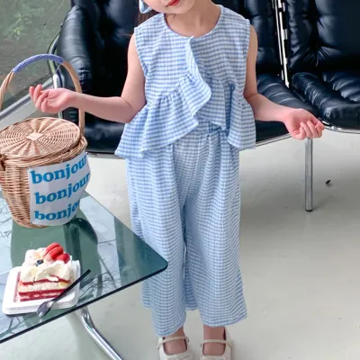 Kids Girls Fashion Casual Plaid Sleeveless Top Loose Pants Two-Piece Set