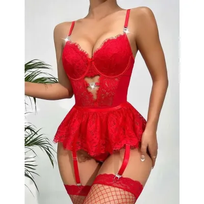 Women Sexy Solid Color Lace Hollow Lingerie