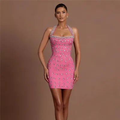 Women Fashion Sexy Elegant Rhinestone Halter-Neck Slim-Fit Party Dress