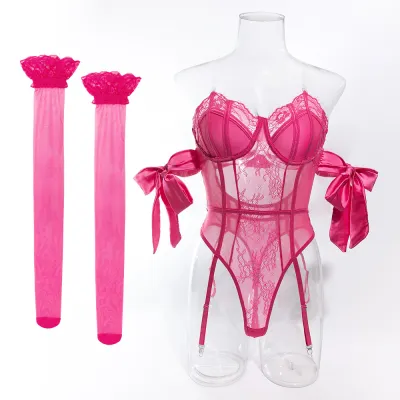 Women Sexy Solid Color Mesh Lace Patchwork Tie Bow One-Piece Lingerie And Stockings Sets