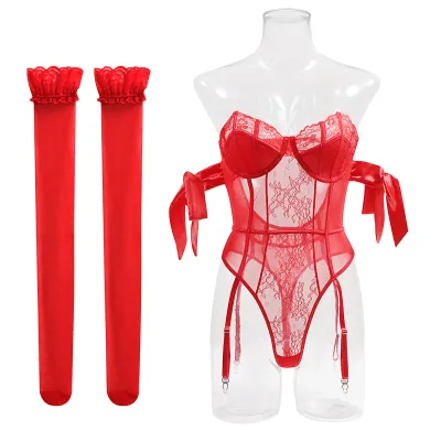 Women Sexy Solid Color Mesh Lace Patchwork Tie Bow One-Piece Lingerie And Stockings Sets