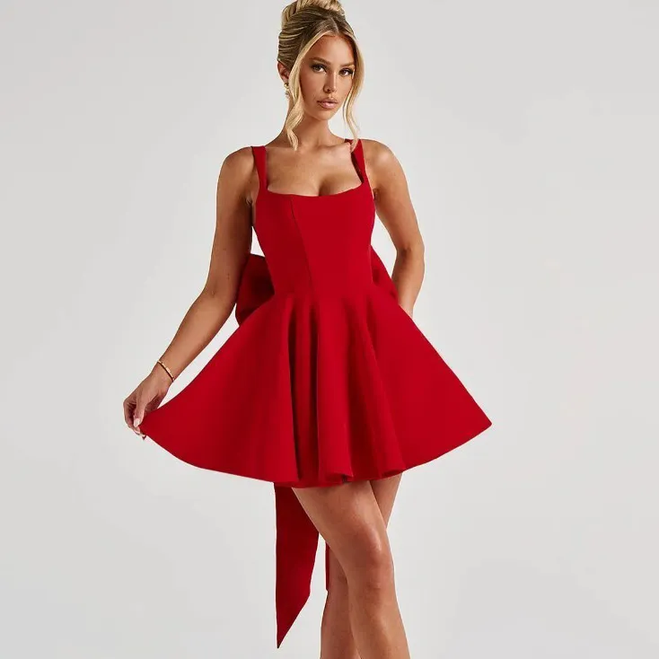 Women Fashion Elegant Solid Color Big Bow Sleeveless Puffy A-Line Party Dress