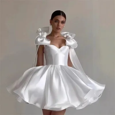 Women Fashion Elegant Solid Color Bowknot Design A-Line Puff Evening Party Dress