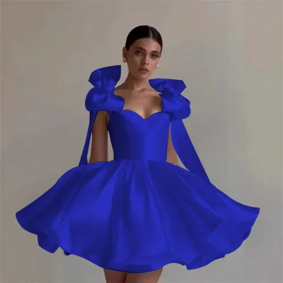 Women Fashion Elegant Solid Color Bowknot Design A-Line Puff Evening Party Dress