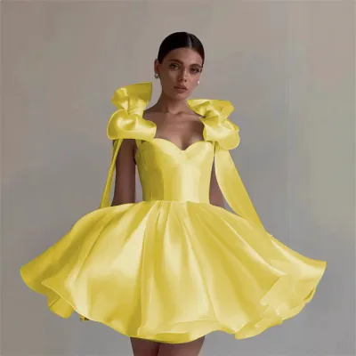 Women Fashion Elegant Solid Color Bowknot Design A-Line Puff Evening Party Dress
