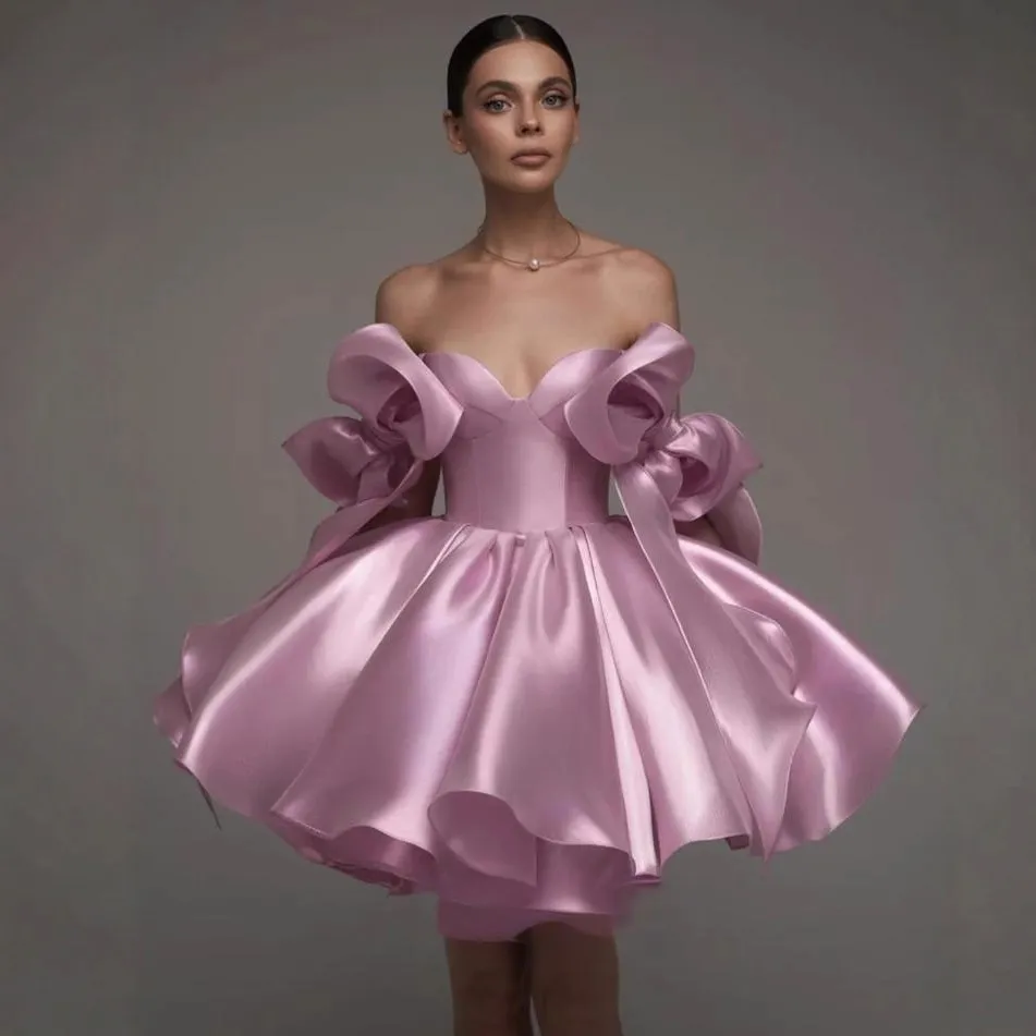 Women Fashion Elegant Solid Color Bowknot Design A-Line Puff Evening Party Dress