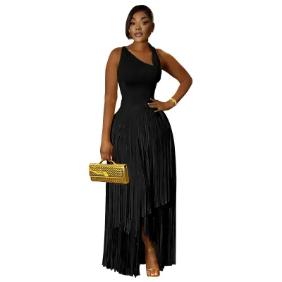 Women Fashion Elegant Solid Color Sleeveless Tassel Party Dress