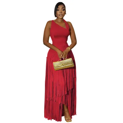 Women Fashion Elegant Solid Color Sleeveless Tassel Party Dress