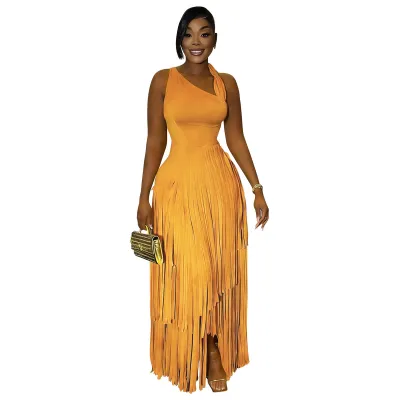 Women Fashion Elegant Solid Color Sleeveless Tassel Party Dress