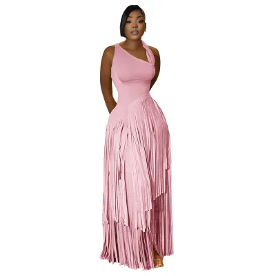 Women Fashion Elegant Solid Color Sleeveless Tassel Party Dress