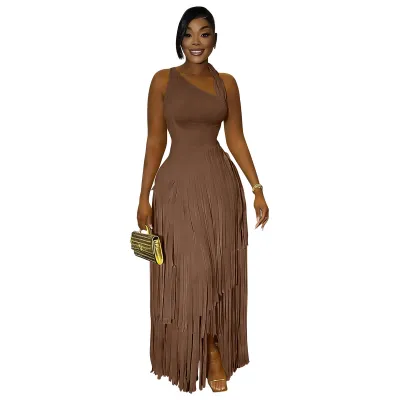 Women Fashion Elegant Solid Color Sleeveless Tassel Party Dress