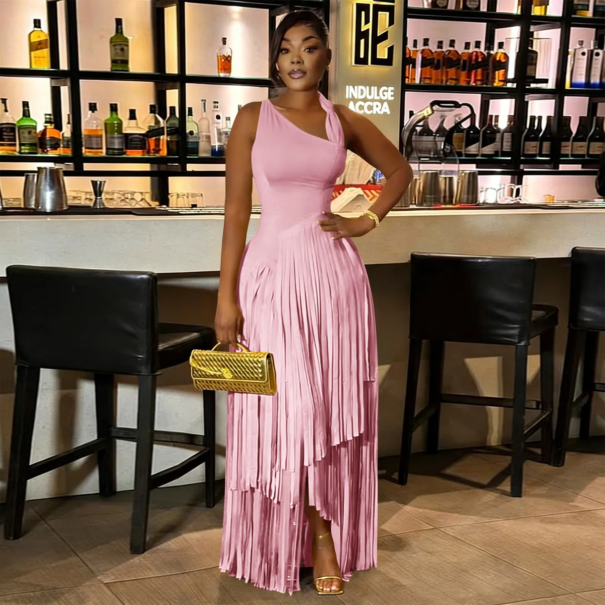Women Fashion Elegant Solid Color Sleeveless Tassel Party Dress