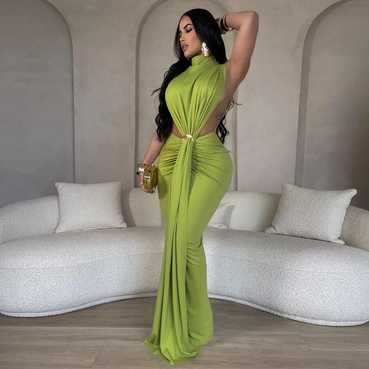 Women Fashion Sexy Solid Color Sleeveless Hollow-Out Split Party Dress