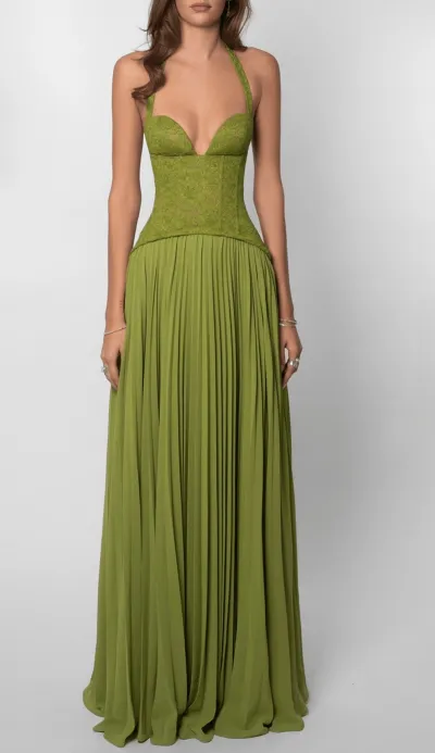 Women Fashion Sexy Solid Color Halter-Neck Backless Tight Waist Pleated A-Line Party Dress