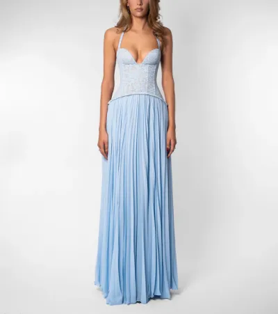 Women Fashion Sexy Solid Color Halter-Neck Backless Tight Waist Pleated A-Line Party Dress