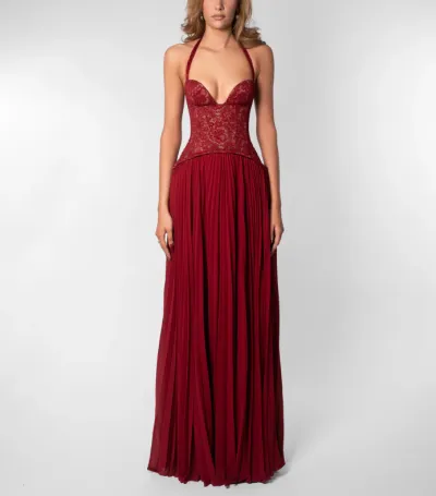 Women Fashion Sexy Solid Color Halter-Neck Backless Tight Waist Pleated A-Line Party Dress