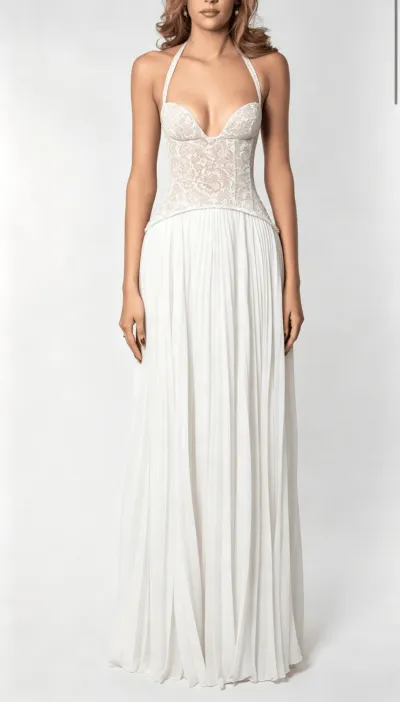 Women Fashion Sexy Solid Color Halter-Neck Backless Tight Waist Pleated A-Line Party Dress