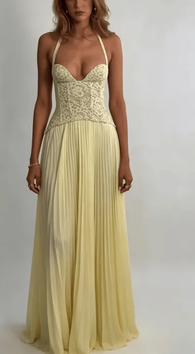 Women Fashion Sexy Solid Color Halter-Neck Backless Tight Waist Pleated A-Line Party Dress