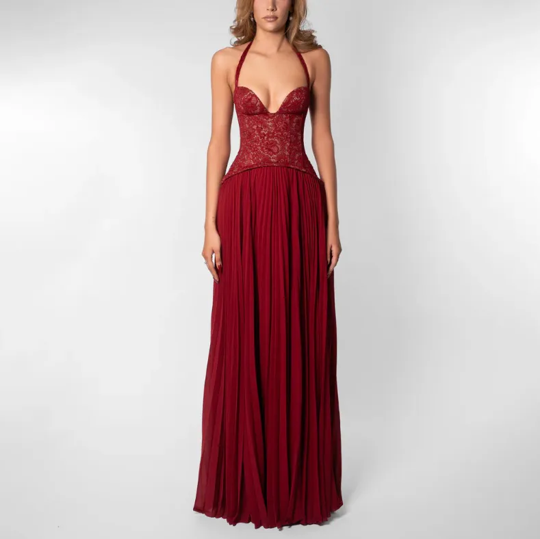 Women Fashion Sexy Solid Color Halter-Neck Backless Tight Waist Pleated A-Line Party Dress