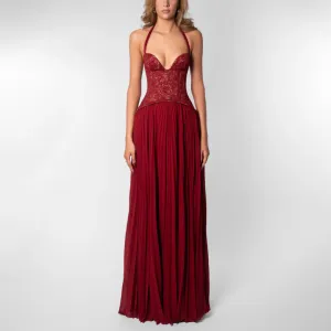 Women Fashion Sexy Solid Color Halter-Neck Backless Tight Waist Pleated A-Line Party Dress