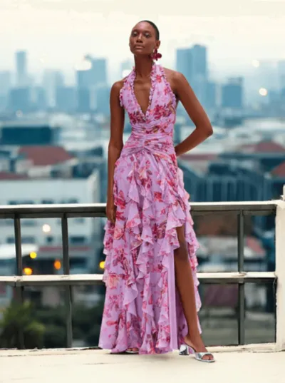 Women Fashion Sexy Printed Halter-Neck Backless Pleated Ruffled Tight Waist A- Line Party Dress
