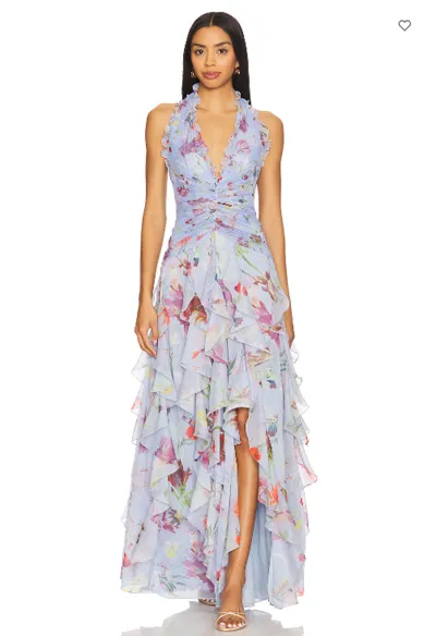Women Fashion Sexy Printed Halter-Neck Backless Pleated Ruffled Tight Waist A- Line Party Dress
