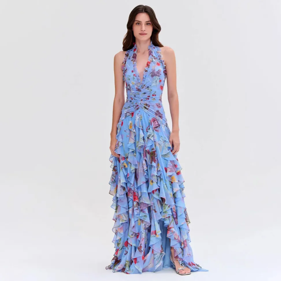 Women Fashion Sexy Printed Halter-Neck Backless Pleated Ruffled Tight Waist A- Line Party Dress
