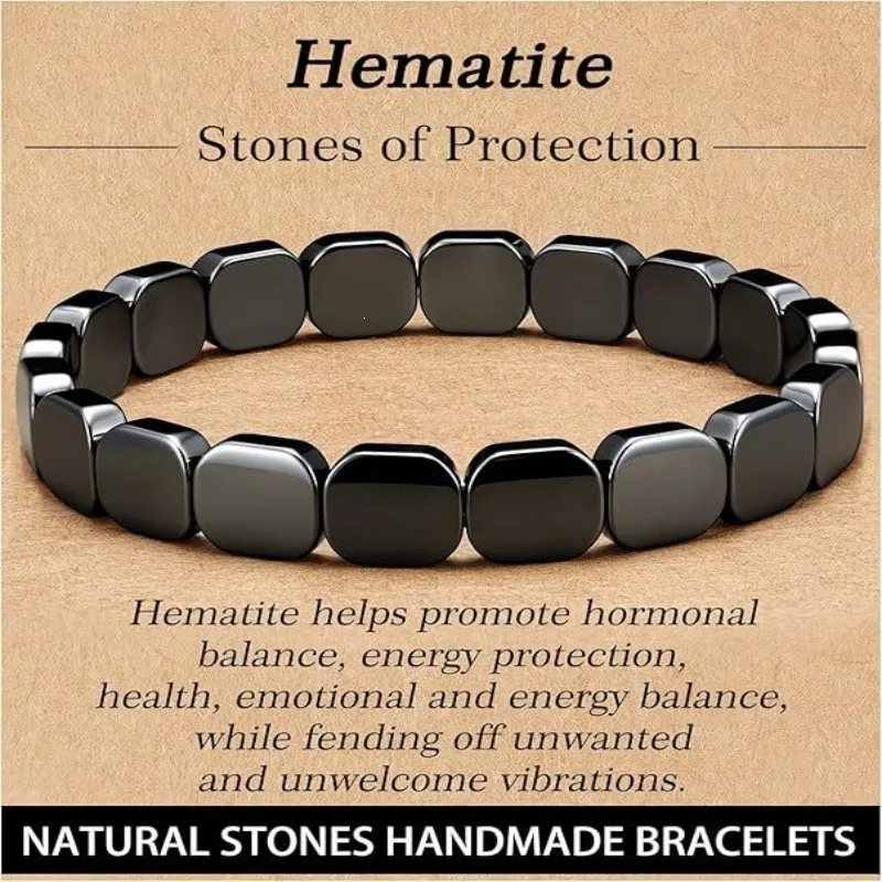 Men'S Fashion Black Stone Square Elastic Bracelet
