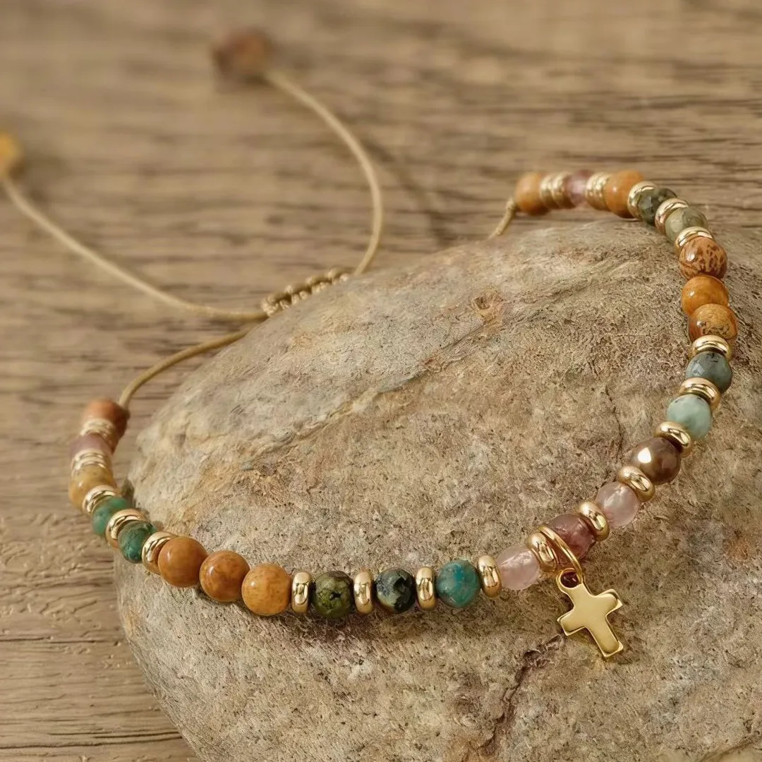 Fashon Multicolor Natural Stone Alloy Pendant Wax Thread Woven Bracelet