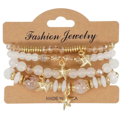 Women Fashion Boho Starfish Pendant Artificial Crystal Beaded Multi-Layer Bracelet