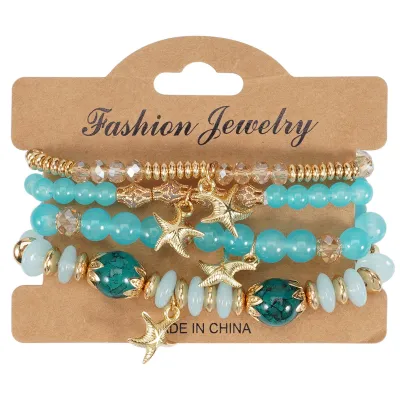 Women Fashion Boho Starfish Pendant Artificial Crystal Beaded Multi-Layer Bracelet