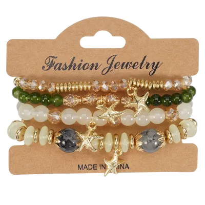 Women Fashion Boho Starfish Pendant Artificial Crystal Beaded Multi-Layer Bracelet