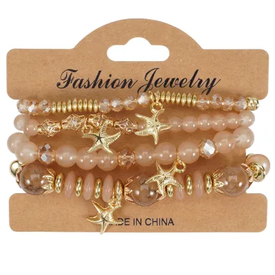 Women Fashion Boho Starfish Pendant Artificial Crystal Beaded Multi-Layer Bracelet