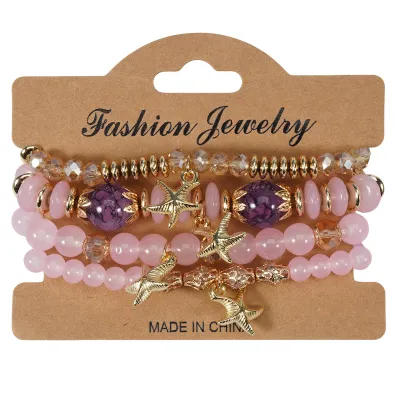 Women Fashion Boho Starfish Pendant Artificial Crystal Beaded Multi-Layer Bracelet