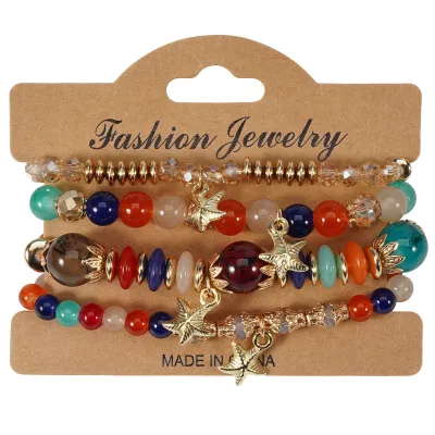 Women Fashion Boho Starfish Pendant Artificial Crystal Beaded Multi-Layer Bracelet