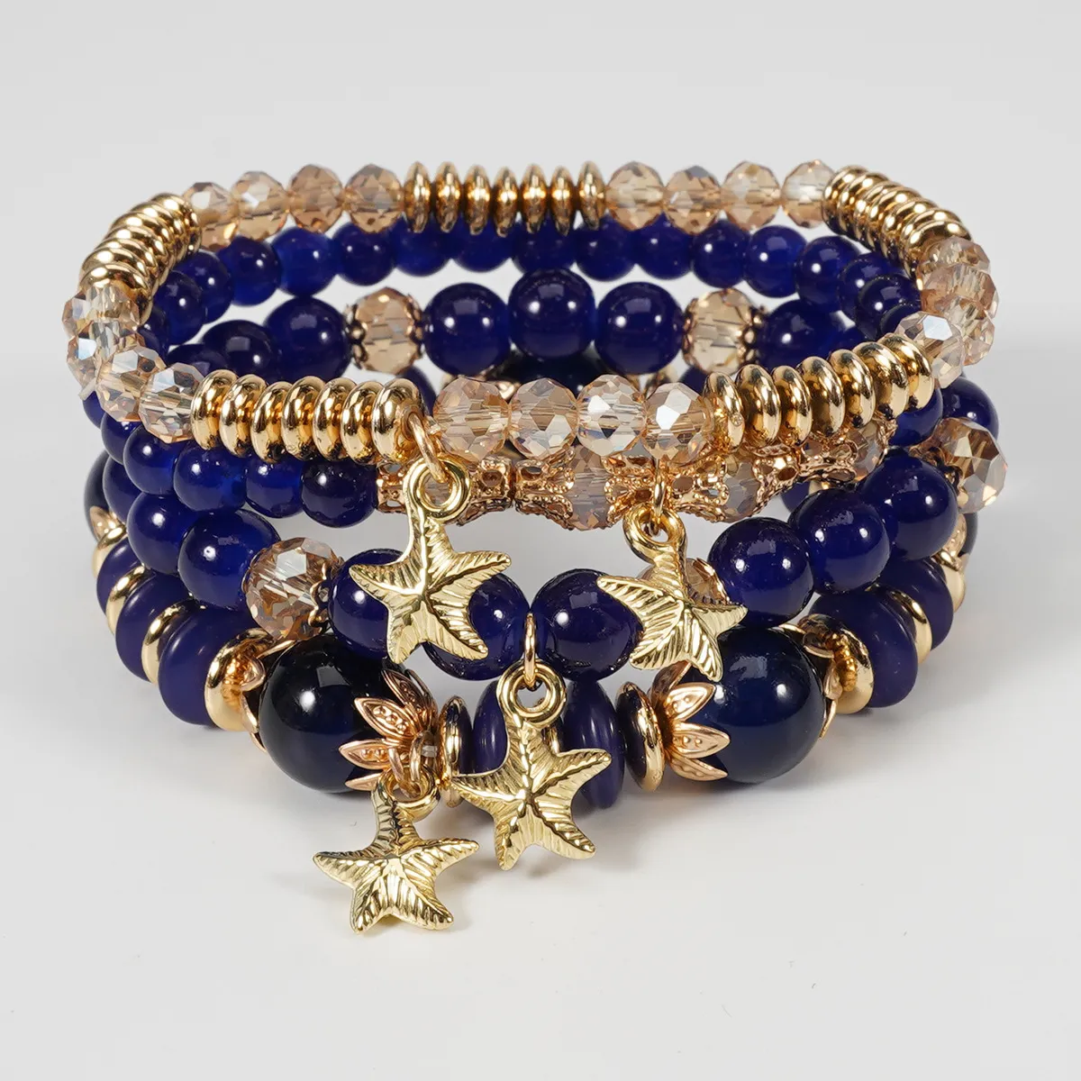 Women Fashion Boho Starfish Pendant Artificial Crystal Beaded Multi-Layer Bracelet