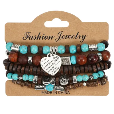 Women Fashion Wooden Beads Elastic Multi-Layer Bracelet