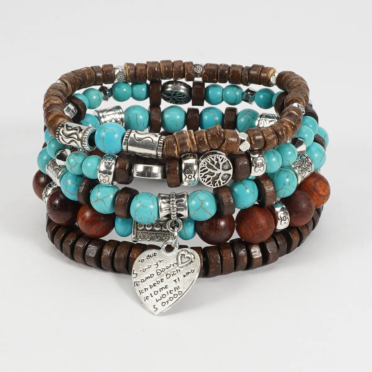 Women Fashion Wooden Beads Elastic Multi-Layer Bracelet