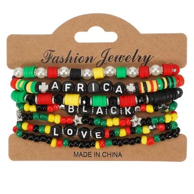 Women Fashion African June Festival Beads Multi-Layer Bracelet Set