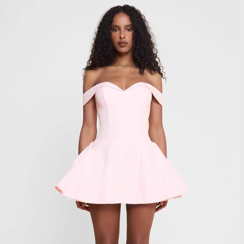 Women Fashion Sexy Summer Solid Color Off-Shoulder Elegant A-Line Dress