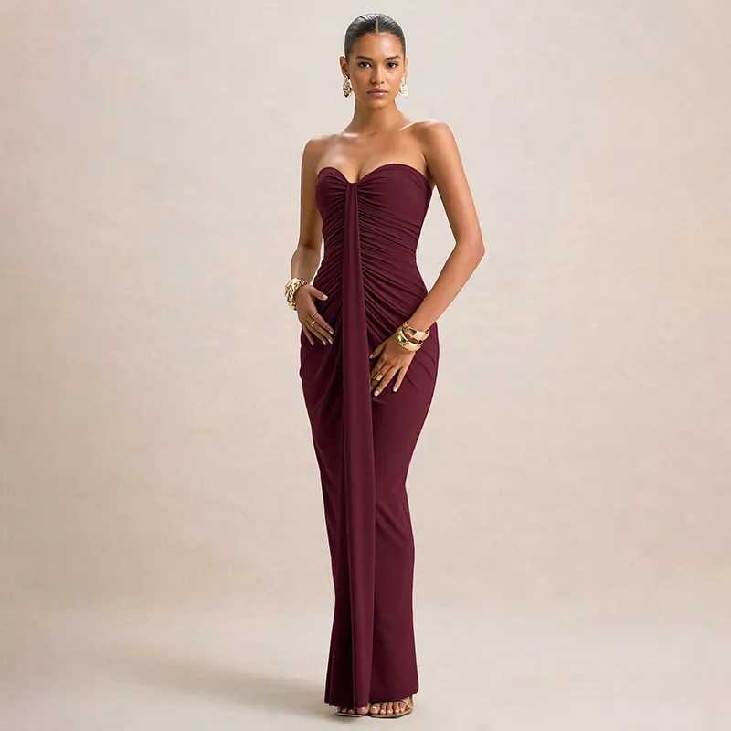 Women Fashion Sexy Solid Color Tube Top Slim-Fit Pleated Dress