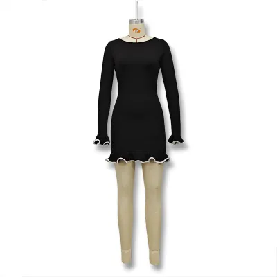 Women Fashion Sexy Elegant Solid Color Round Neck Rolled Edge Long Sleeve Dress